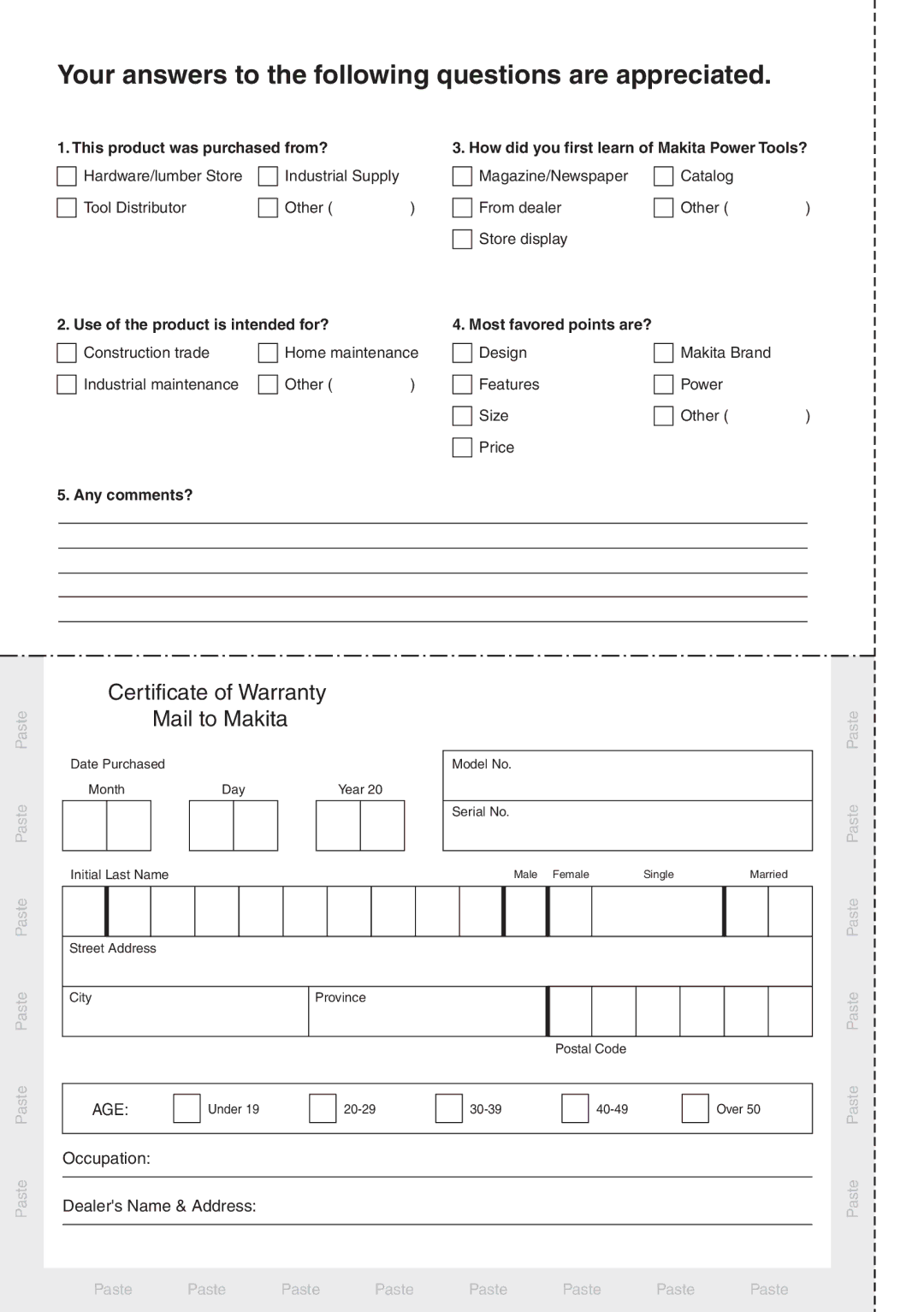 Makita BO4551 instruction manual Your answers to the following questions are appreciated 