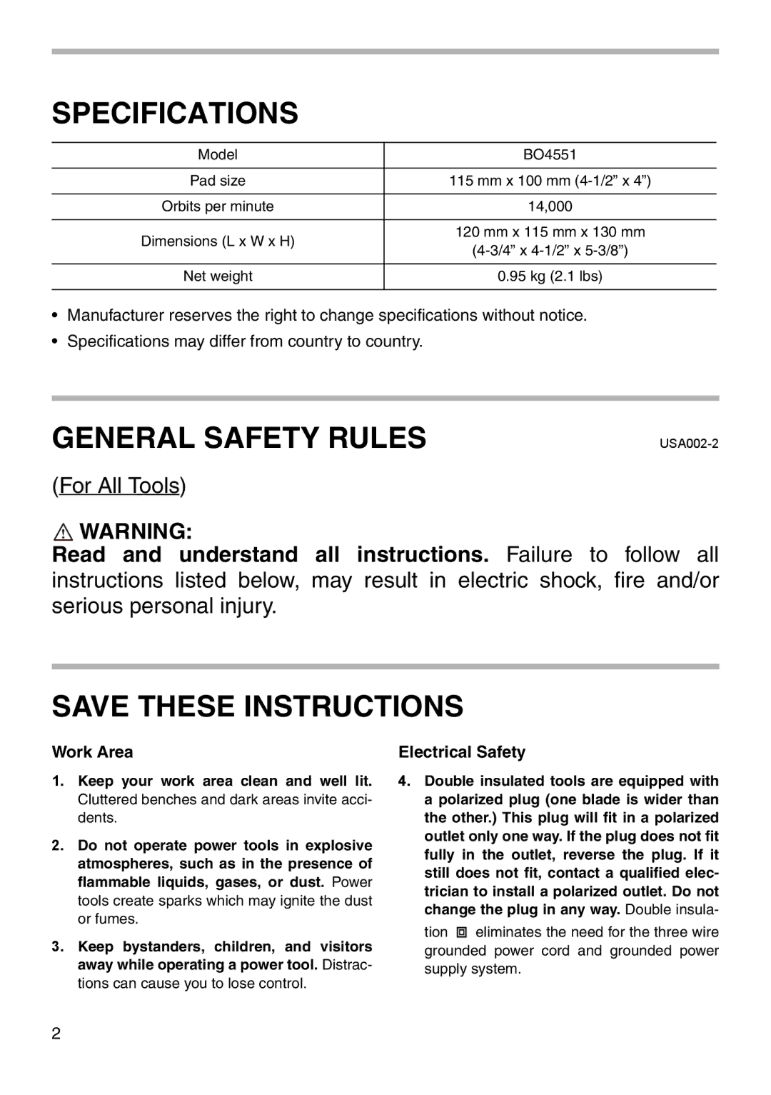 Makita BO4551 instruction manual Work Area, Electrical Safety 