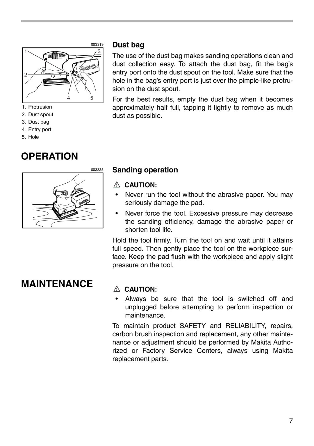 Makita BO4551 instruction manual Operation, Maintenance 