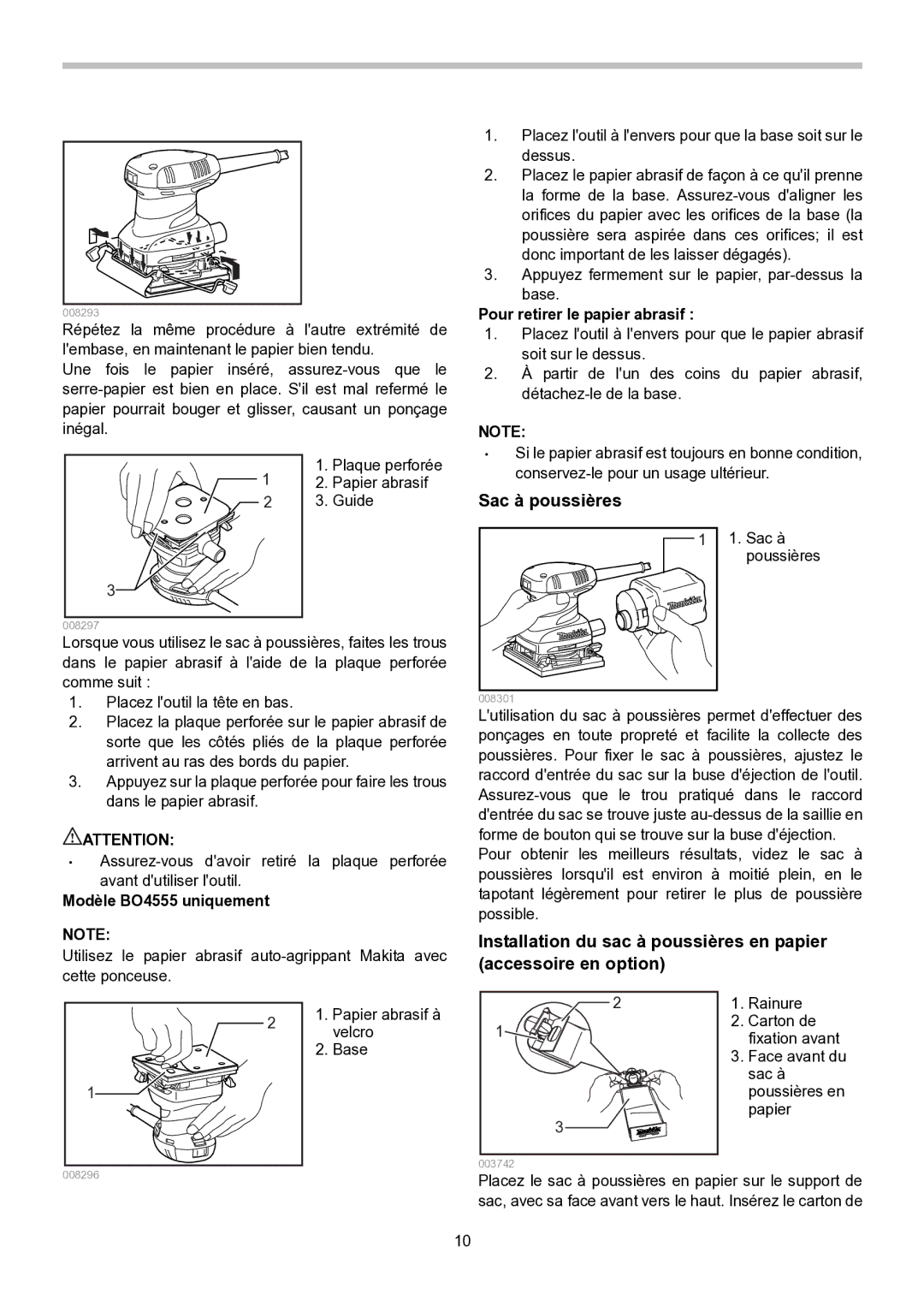 Makita BO4558, BO4556, BO4557 instruction manual Pour retirer le papier abrasif, Modèle BO4555 uniquement 