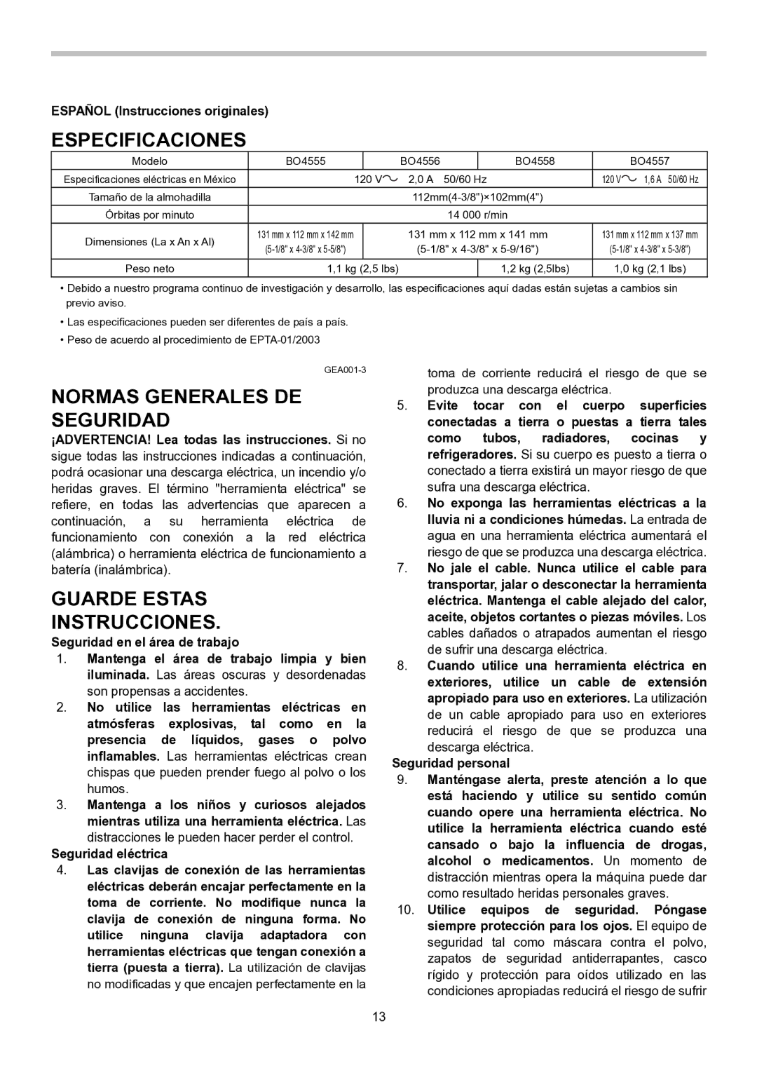 Makita BO4556, BO4555 Especificaciones, Normas Generales DE Seguridad, Guarde Estas Instrucciones, Seguridad eléctrica 