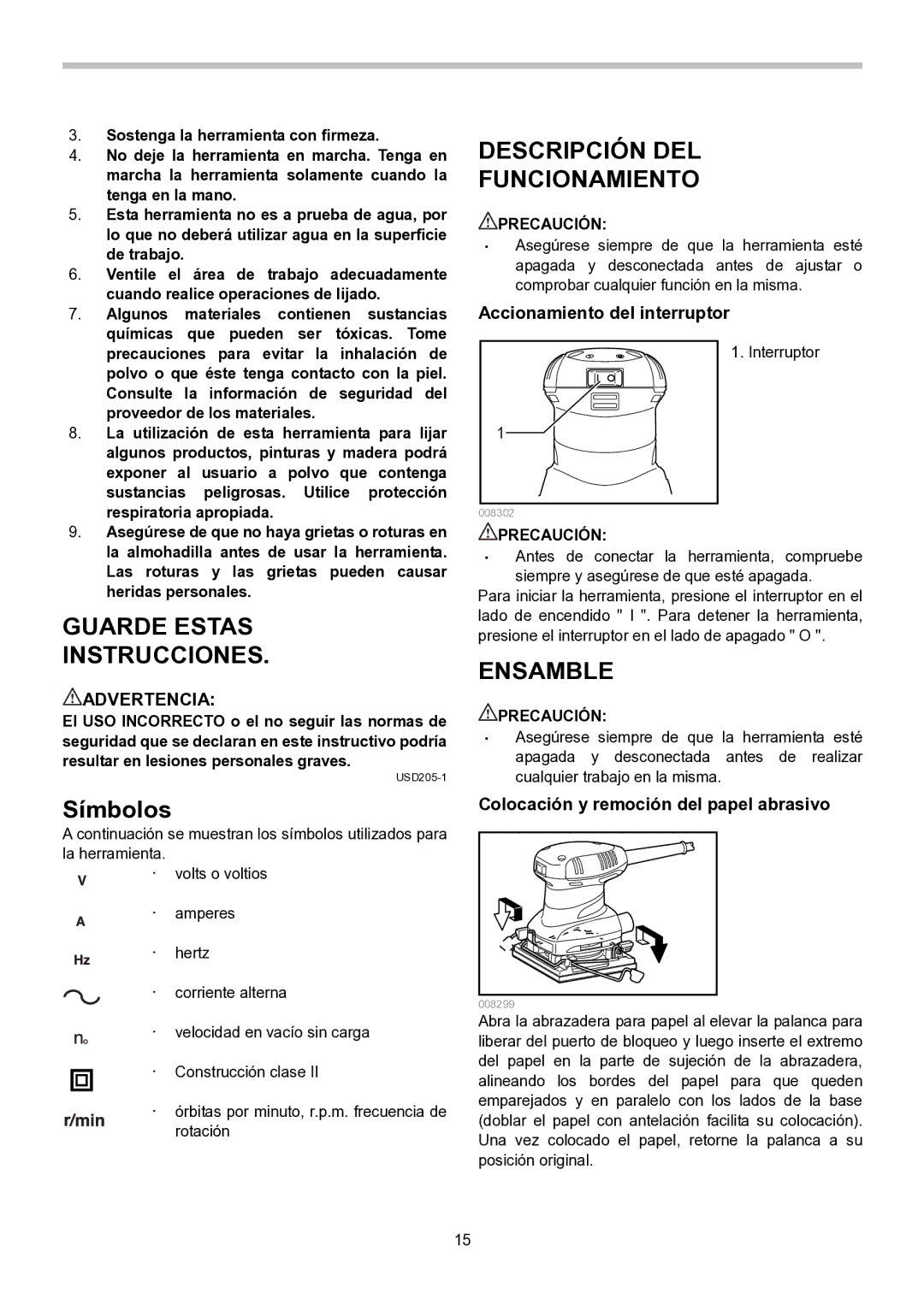 Makita BO4557, BO4555, BO4556, BO4558 instruction manual Descripción DEL Funcionamiento, Símbolos, Ensamble, Advertencia 