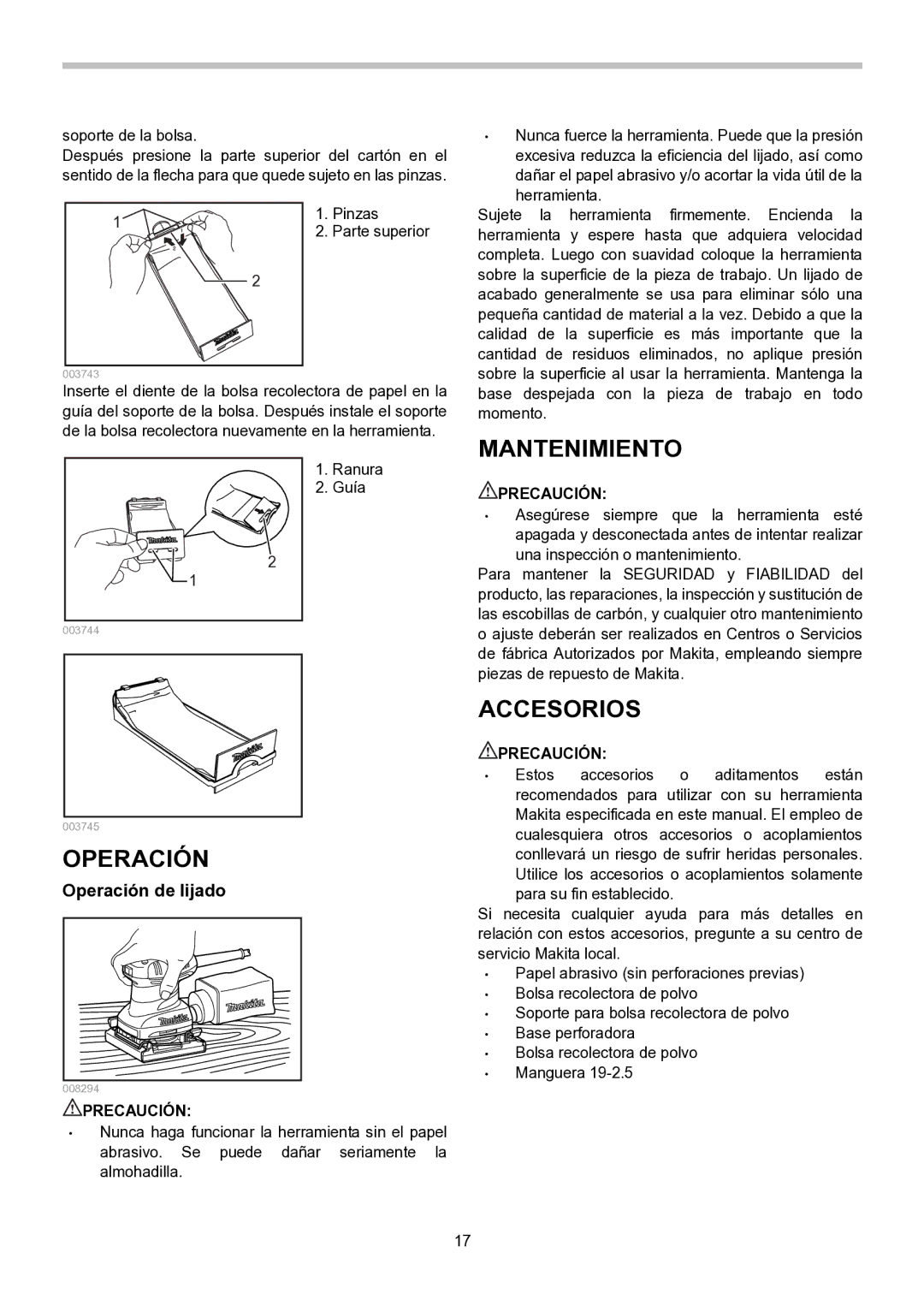 Makita BO4556, BO4555, BO4558, BO4557 instruction manual Mantenimiento, Accesorios, Operación de lijado 