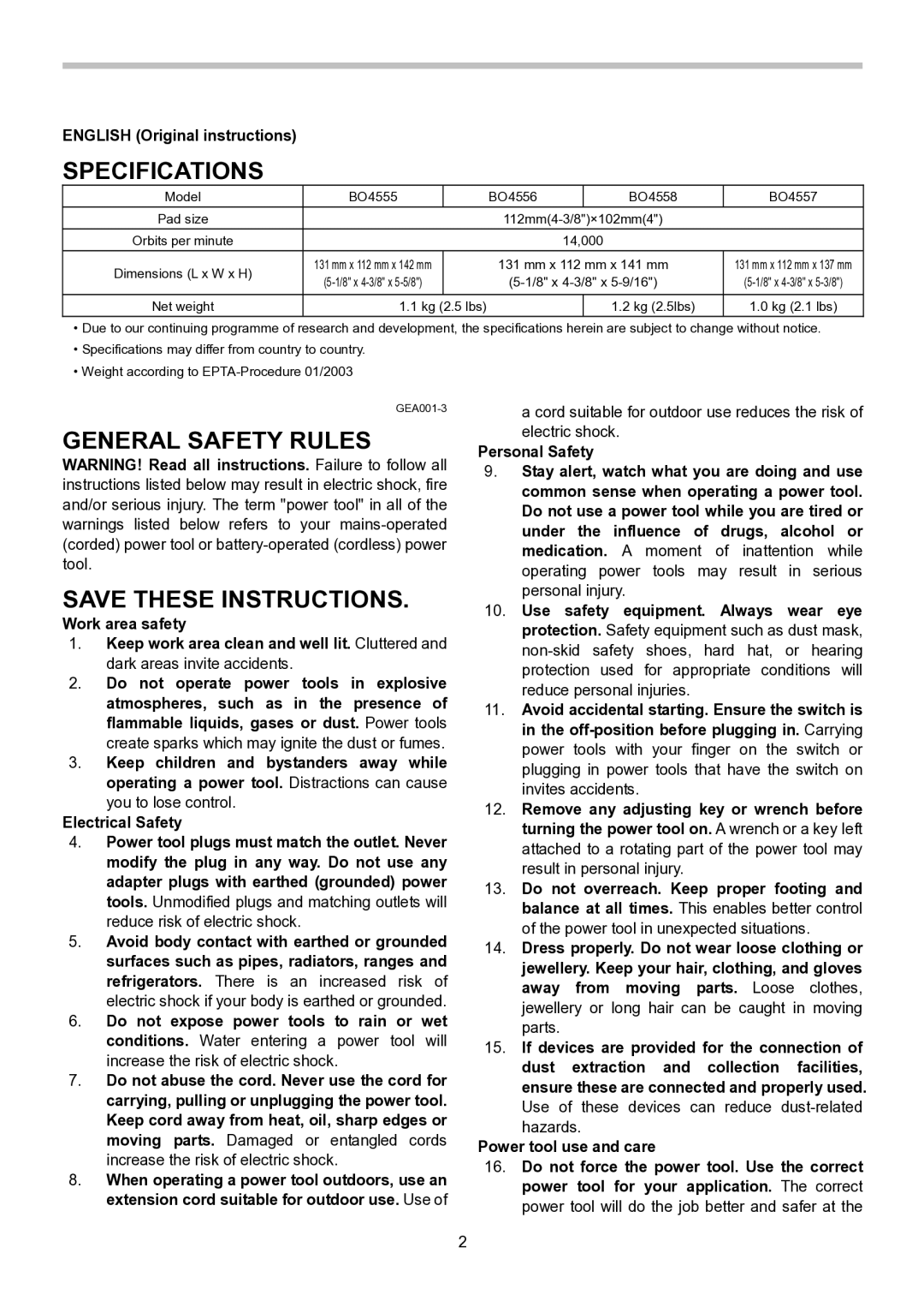 Makita BO4558, BO4555, BO4556, BO4557 instruction manual Specifications, General Safety Rules, English Original instructions 