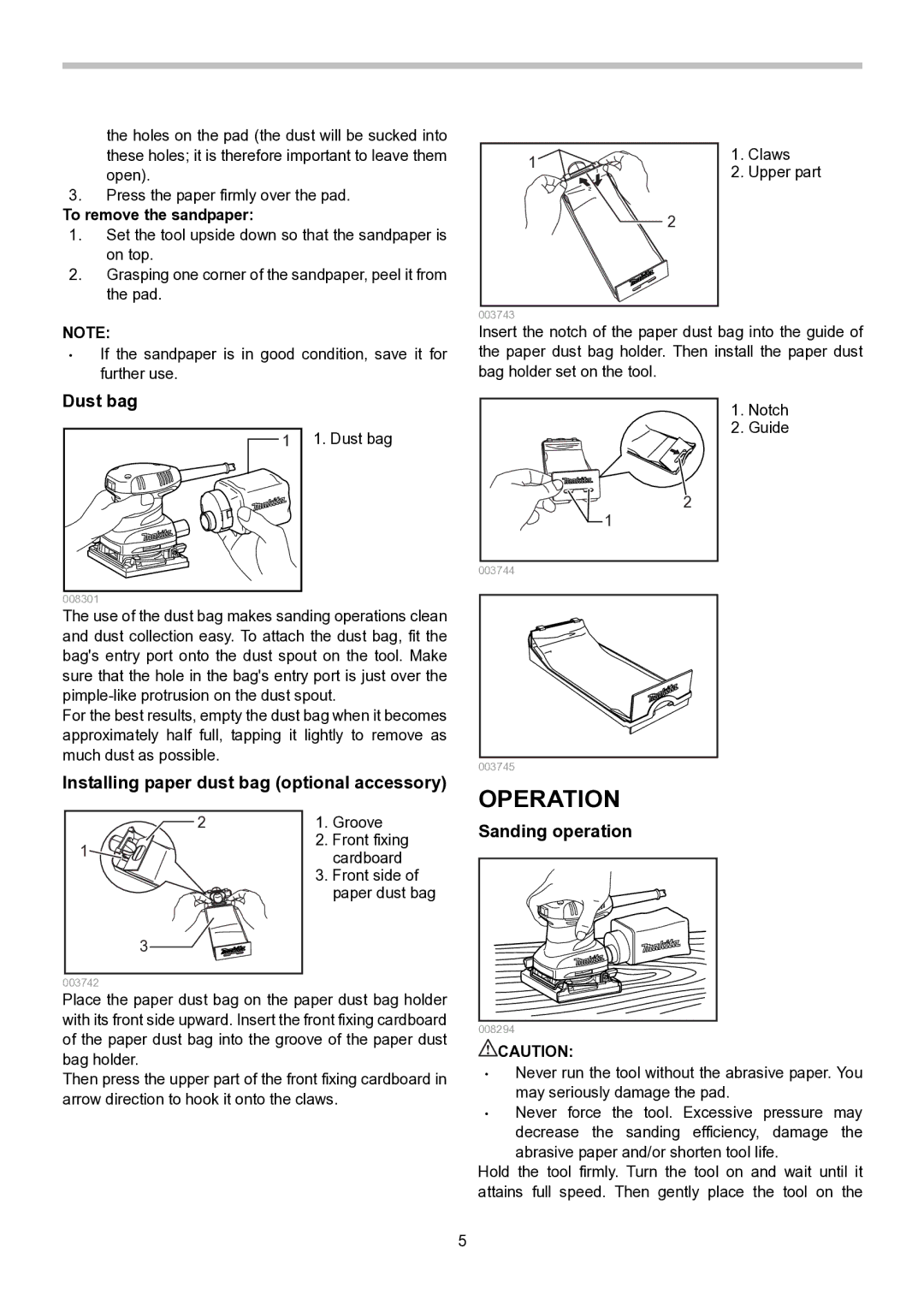 Makita BO4556, BO4555, BO4558, BO4557 Operation, Dust bag, Installing paper dust bag optional accessory, Sanding operation 