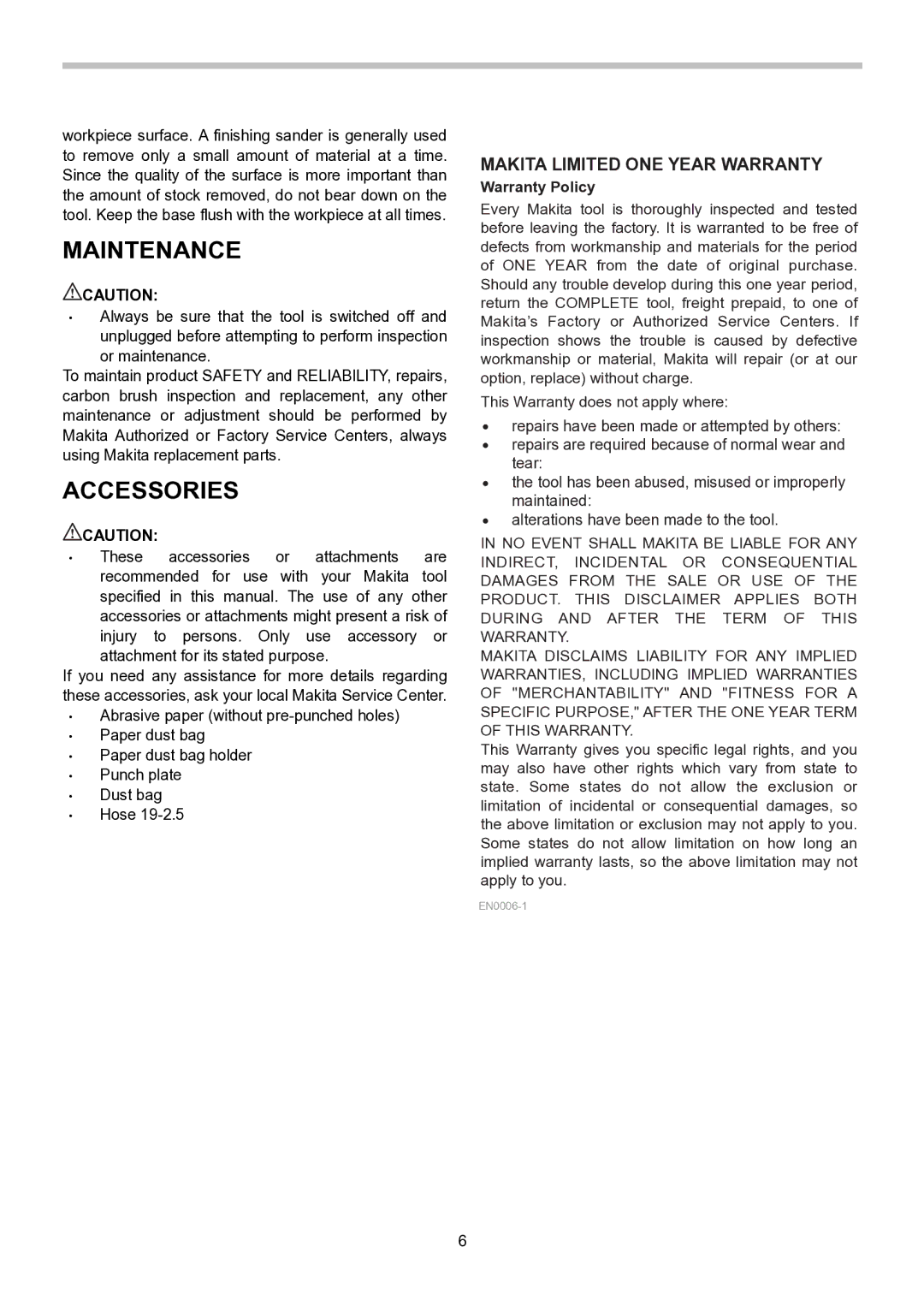 Makita BO4558, BO4555, BO4556, BO4557 Maintenance, Accessories, Makita Limited ONE Year Warranty, Warranty Policy 