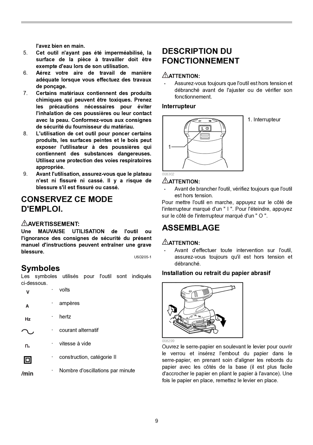 Makita BO4556, BO4555, BO4558, BO4557 instruction manual Description DU Fonctionnement, Symboles, Assemblage, Avertissement 