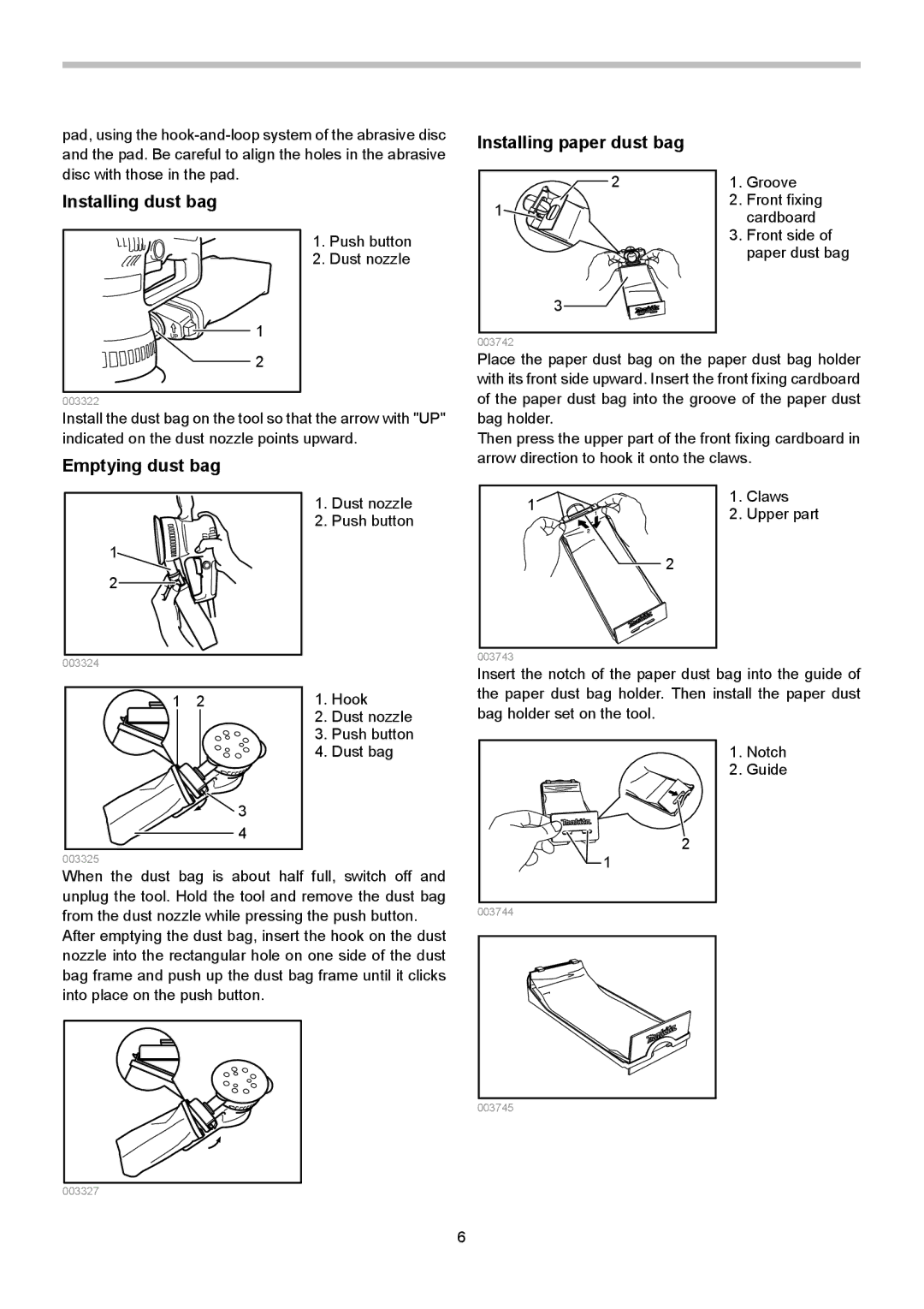 Makita BO5021, BO5020 instruction manual Installing paper dust bag Installing dust bag, Emptying dust bag 