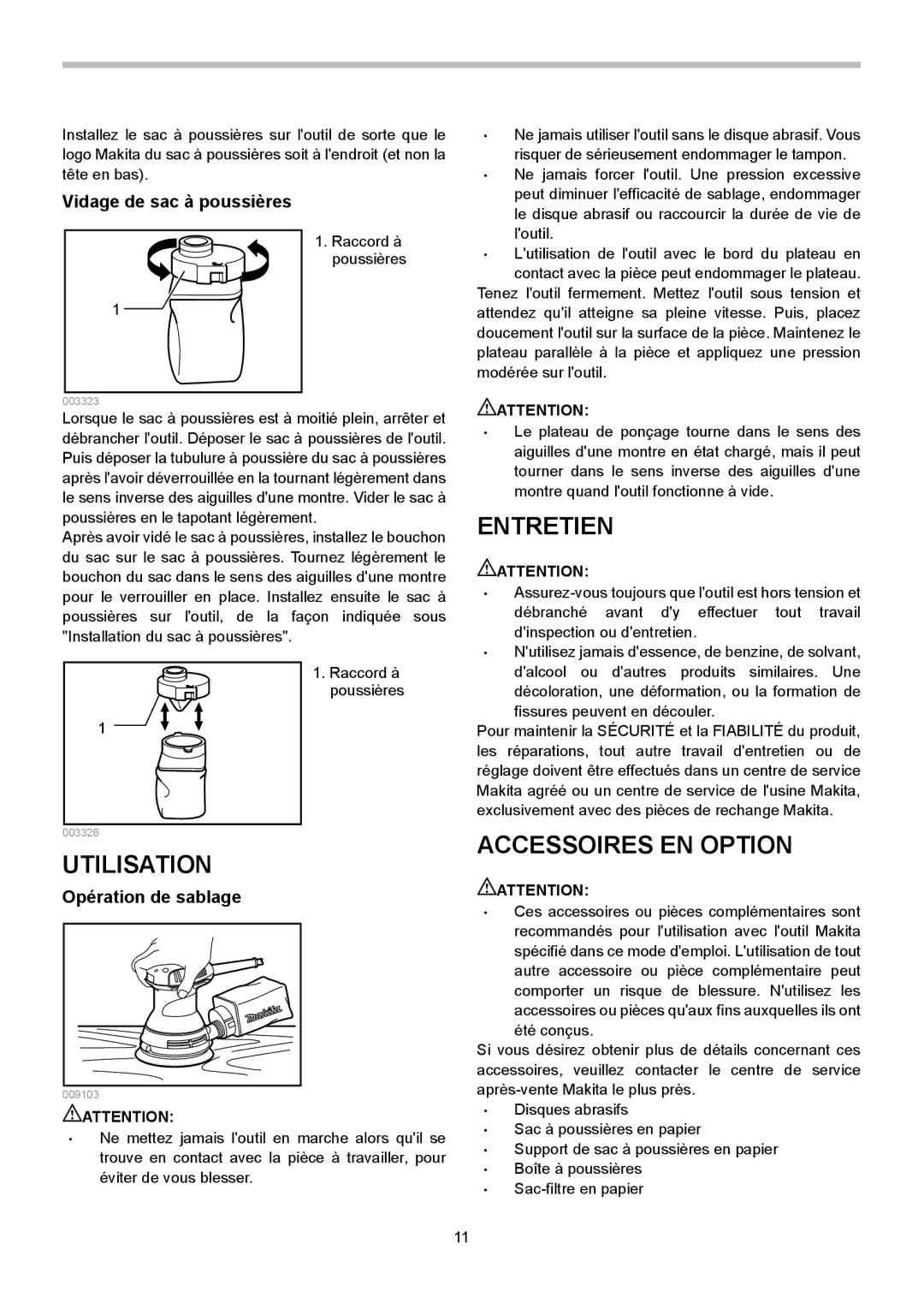 Makita BO5031, BO5030 Entretien, Accessoires EN Option Utilisation, Vidage de sac à poussières, Opération de sablage 