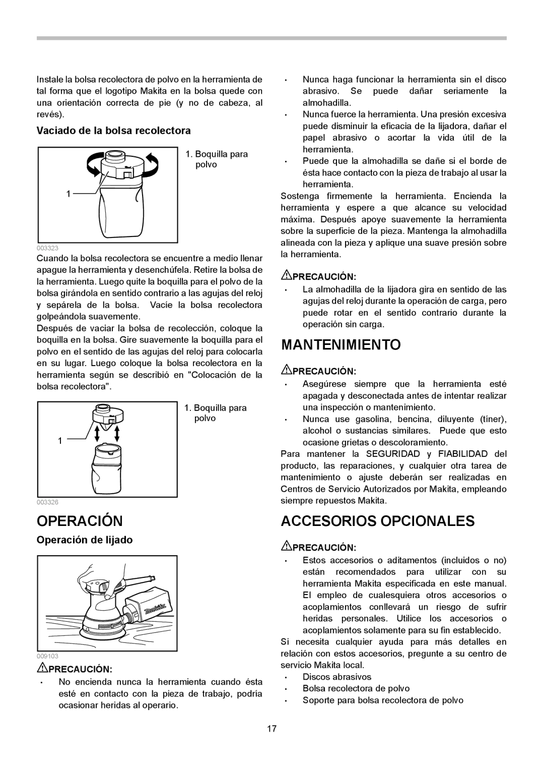 Makita BO5031, BO5030 Mantenimiento, Accesorios Opcionales, Vaciado de la bolsa recolectora, Operación de lijado 