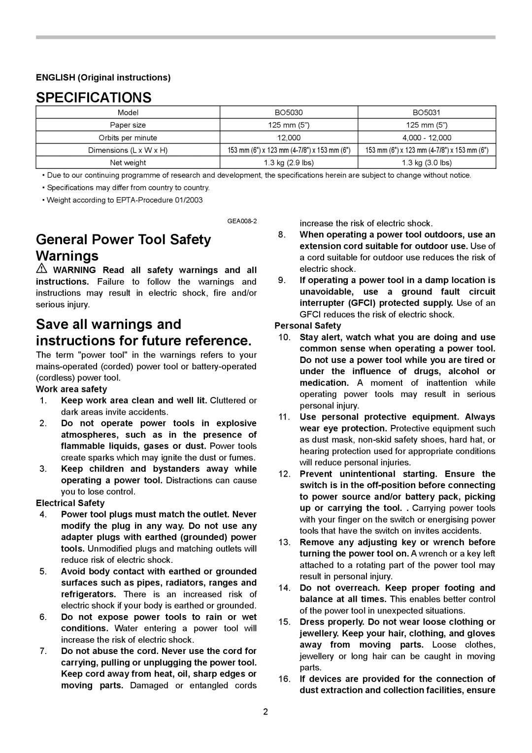 Makita BO5030, BO5031 instruction manual Specifications, English Original instructions 