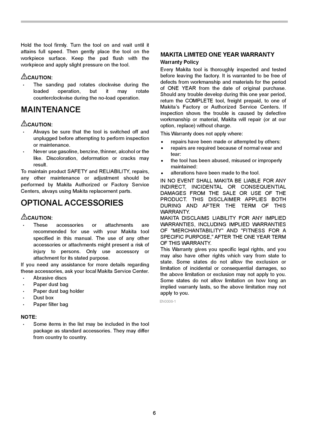 Makita BO5030, BO5031 instruction manual Maintenance, Optional Accessories, Warranty Policy 