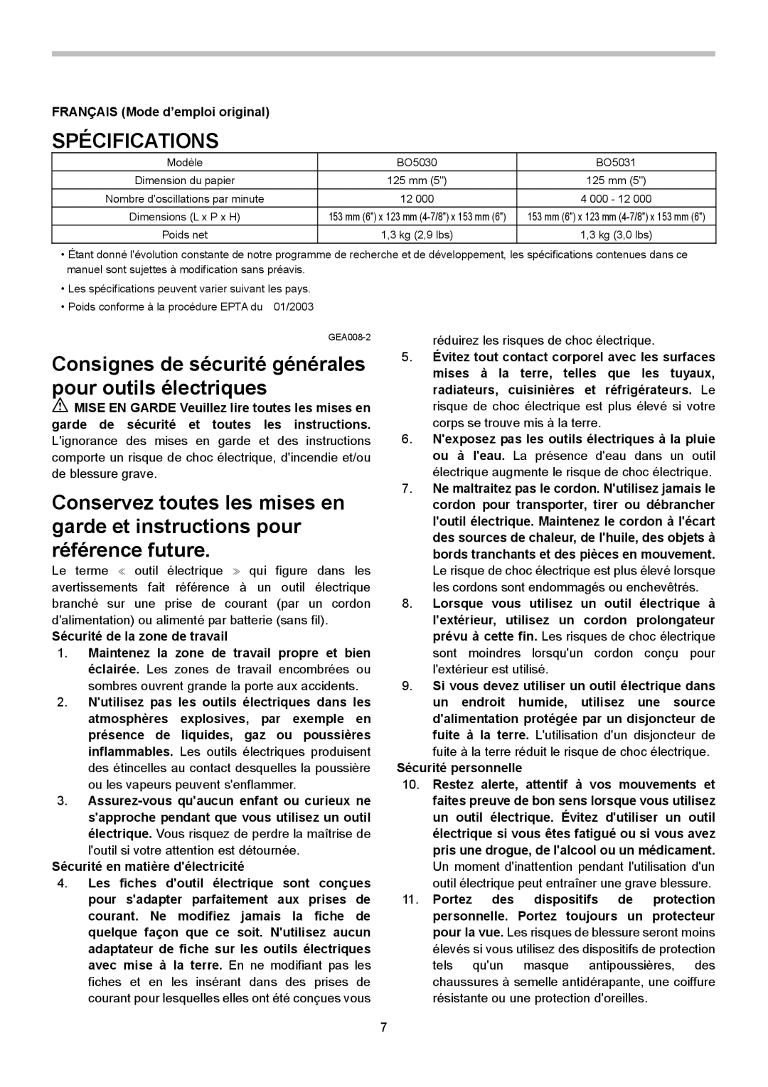 Makita BO5031 Spécifications, Français Mode d’emploi original, Sécurité en matière délectricité, Sécurité personnelle 