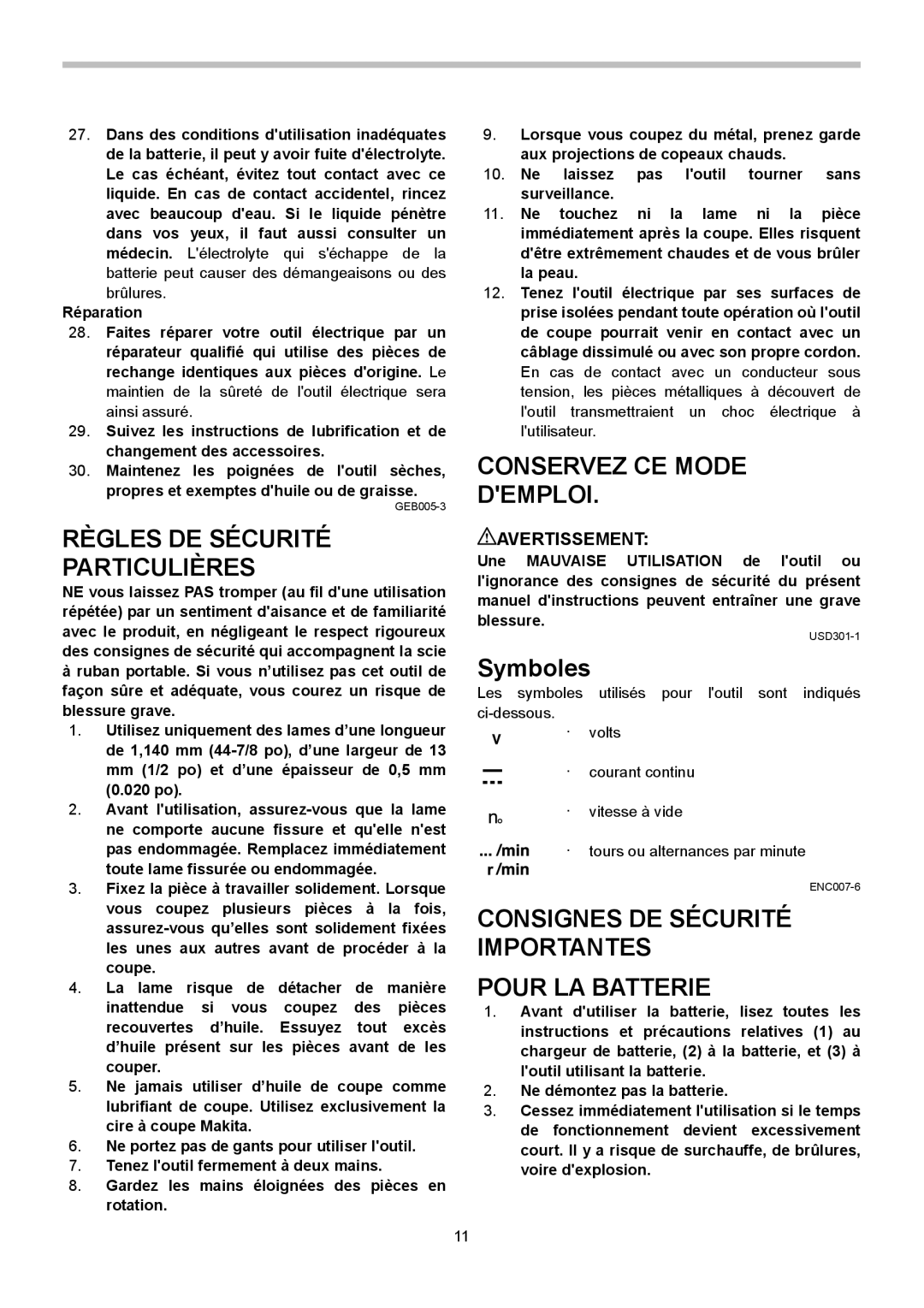 Makita BPB180 Règles DE Sécurité Particulières, Symboles, Consignes DE Sécurité Importantes Pour LA Batterie 