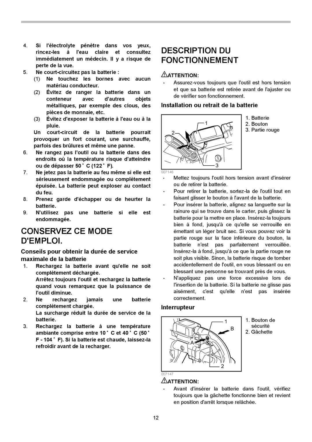 Makita BPB180 instruction manual Description DU Fonctionnement, Installation ou retrait de la batterie, Interrupteur 