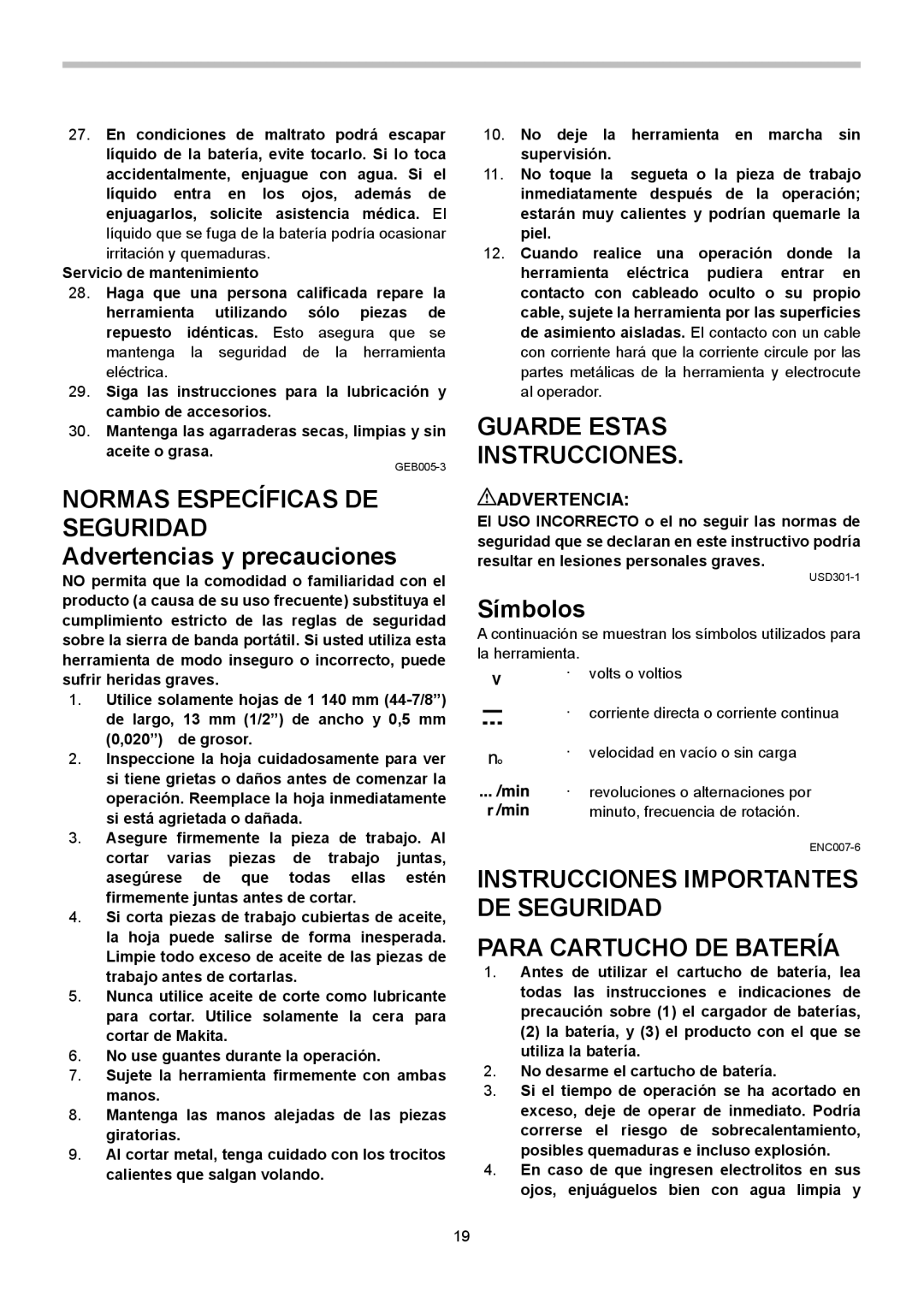 Makita BPB180 instruction manual Normas Específicas DE Seguridad Advertencias y precauciones, Símbolos 