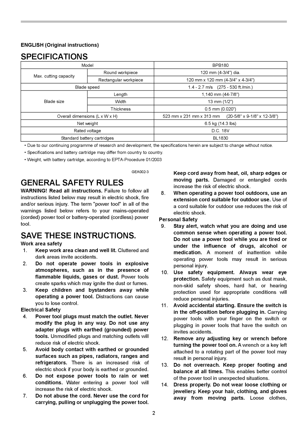 Makita BPB180 instruction manual Specifications, General Safety Rules, English Original instructions 