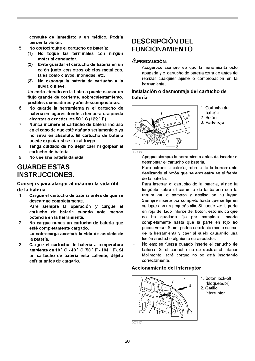 Makita BPB180 instruction manual Descripción DEL Funcionamiento, Instalación o desmontaje del cartucho de batería 