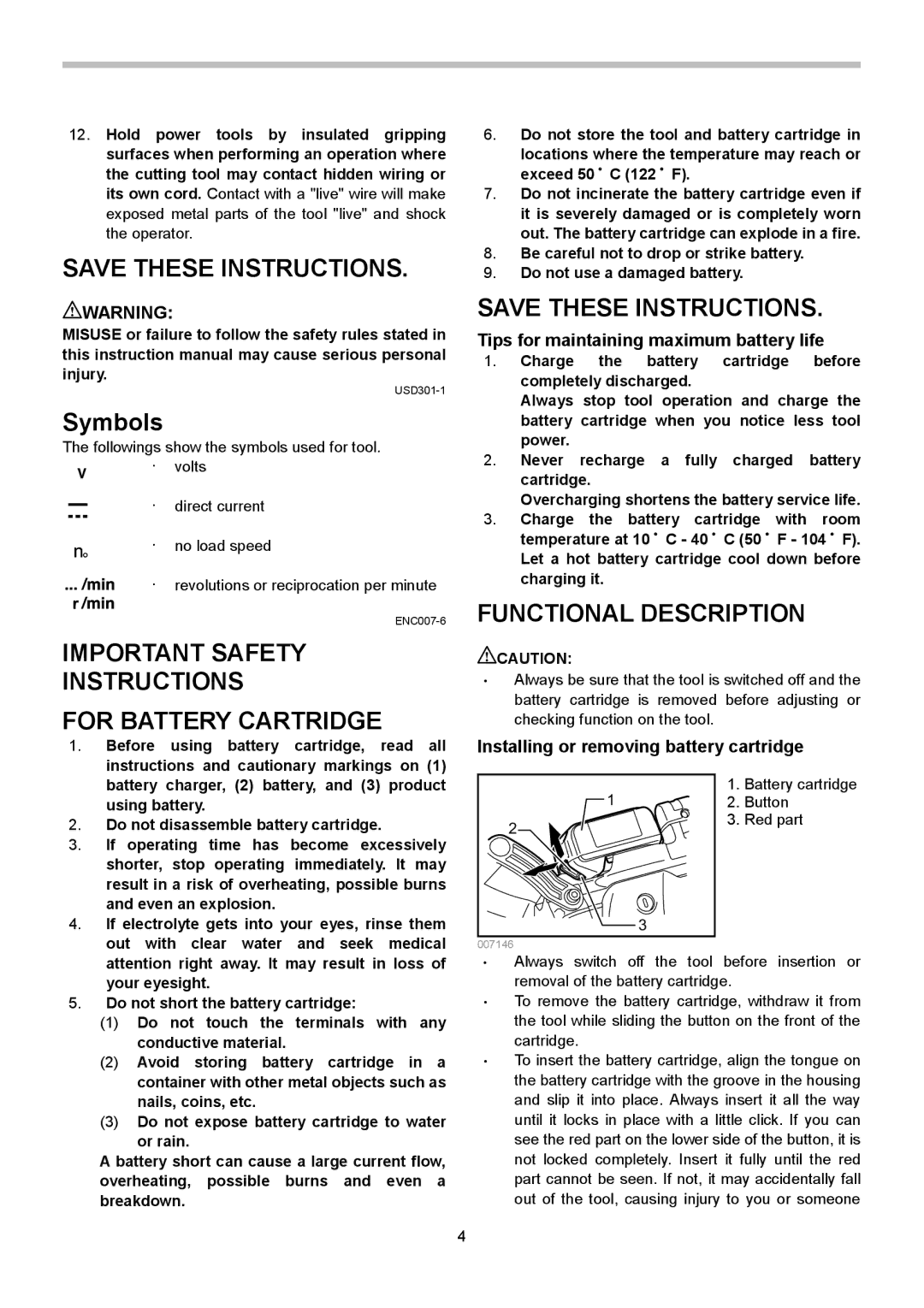 Makita BPB180 instruction manual Symbols, Important Safety Instructions For Battery Cartridge, Functional Description 