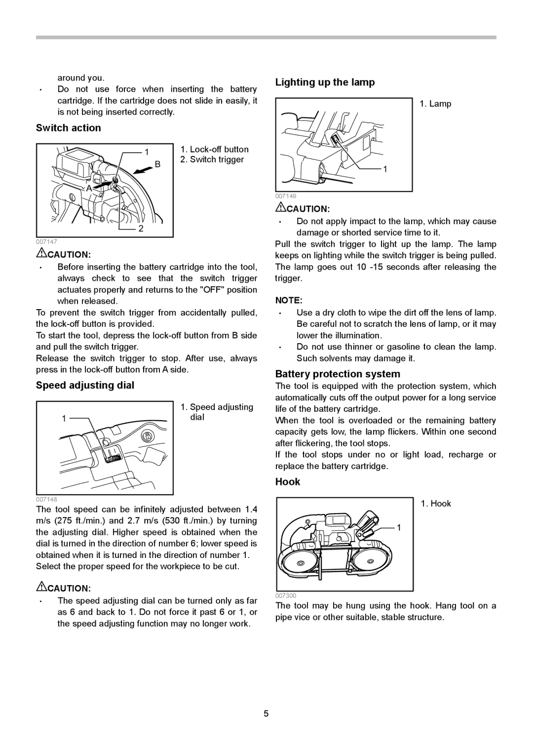 Makita BPB180 instruction manual Switch action Lighting up the lamp, Speed adjusting dial, Battery protection system, Hook 