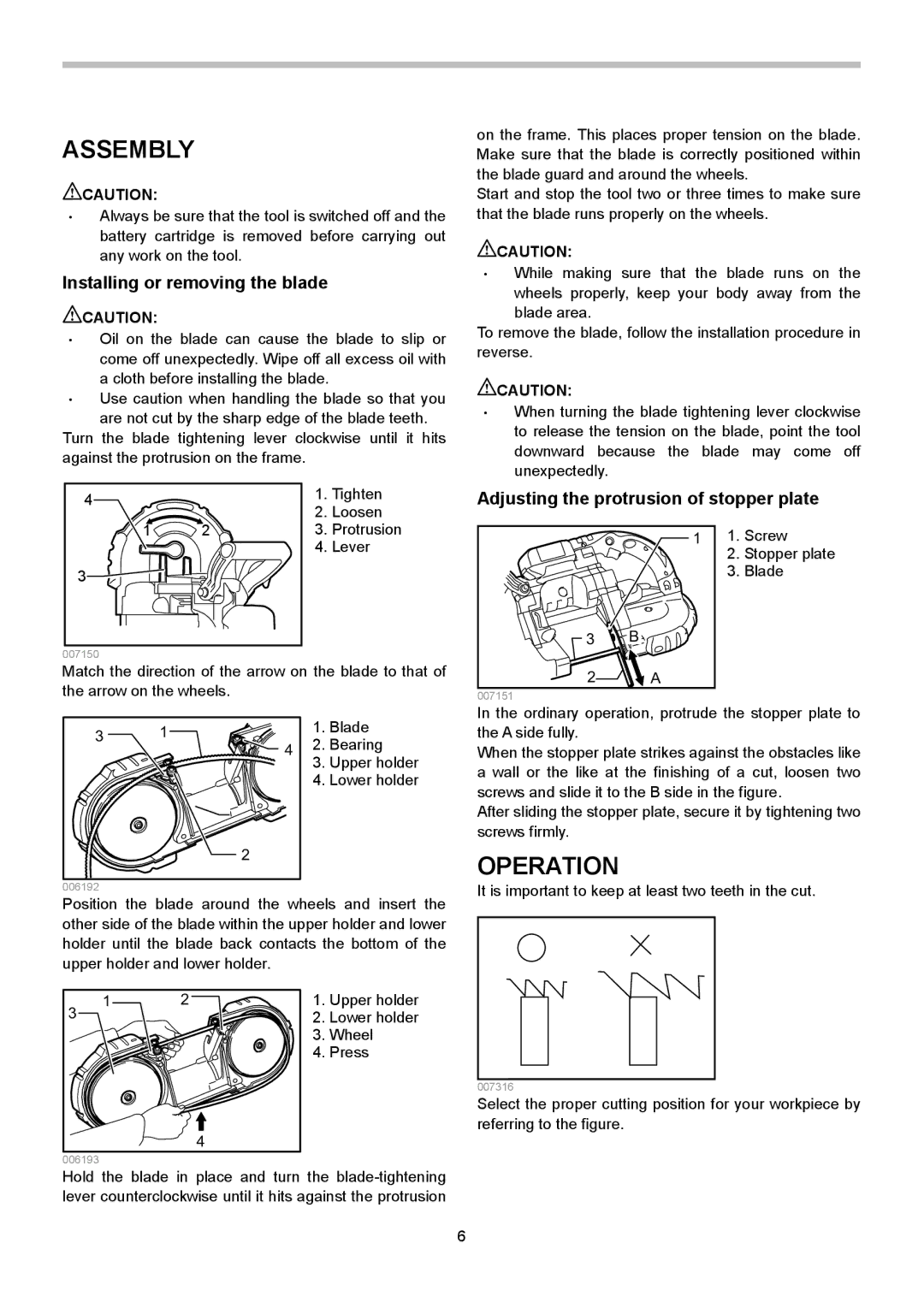 Makita BPB180 Assembly, Operation, Installing or removing the blade, Adjusting the protrusion of stopper plate 