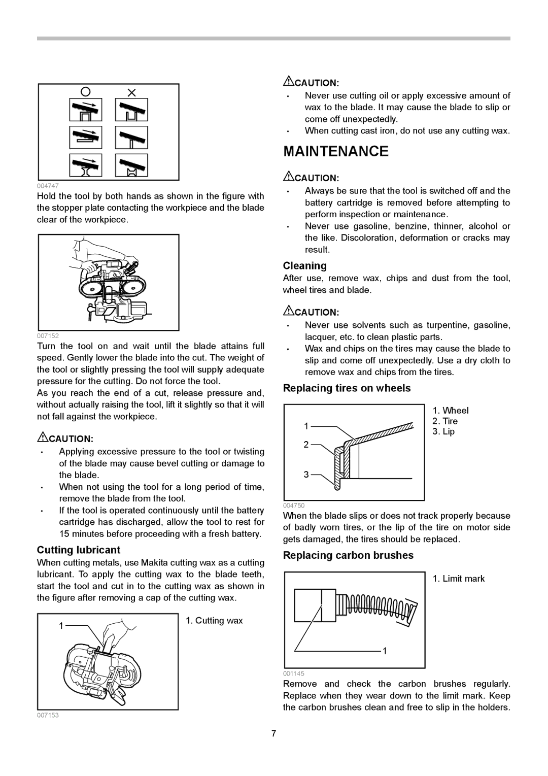Makita BPB180 Maintenance, Cutting lubricant, Cleaning, Replacing tires on wheels, Replacing carbon brushes 