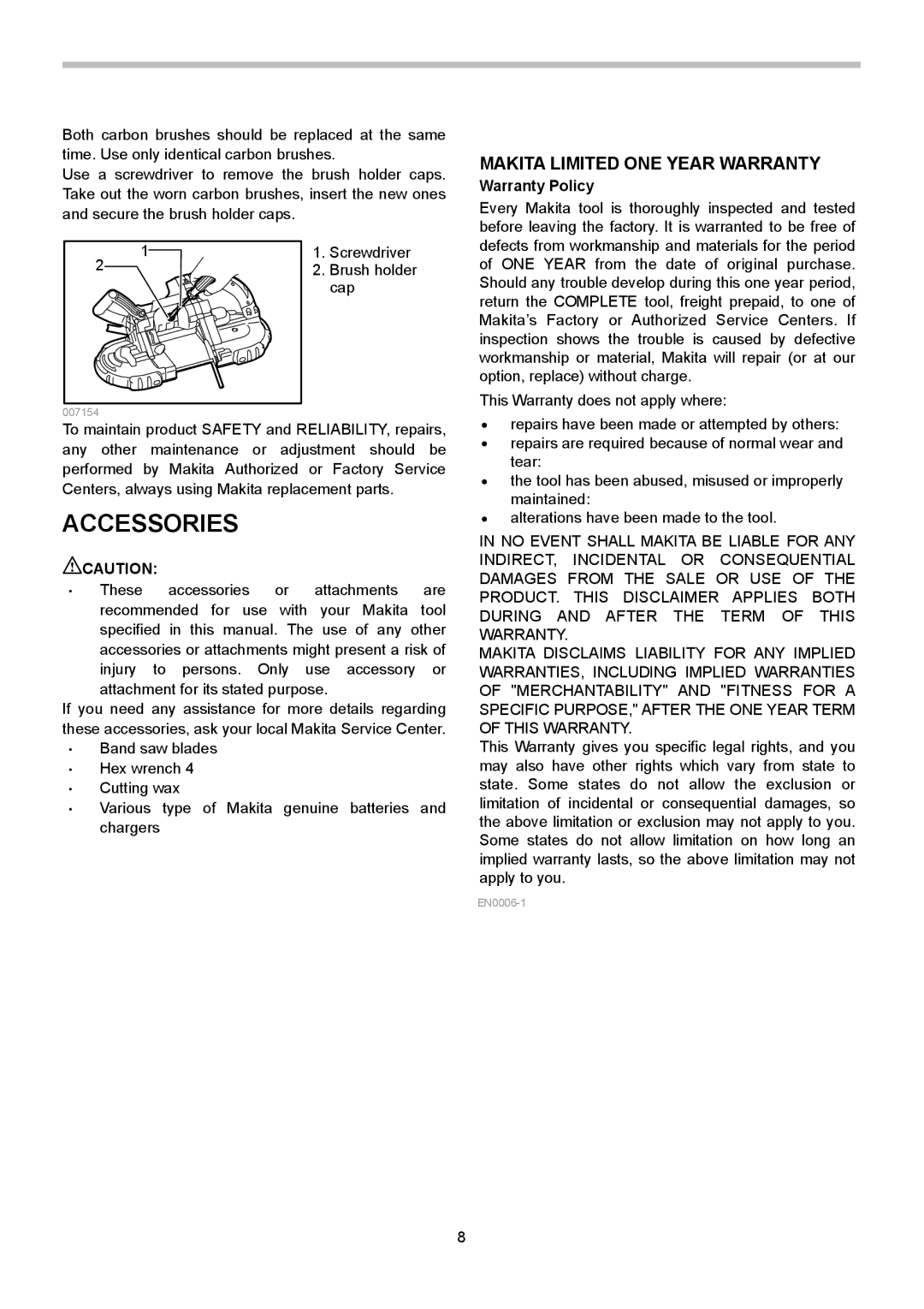 Makita BPB180 instruction manual Accessories, Warranty Policy 