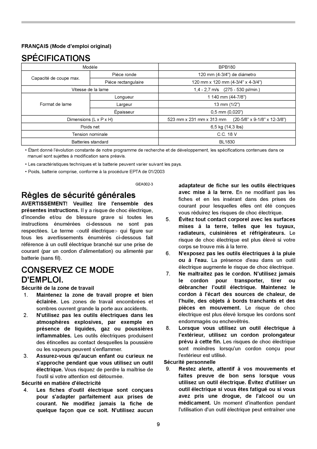 Makita BPB180 Spécifications, Règles de sécurité générales, Conservez CE Mode Demploi, Français Mode d’emploi original 