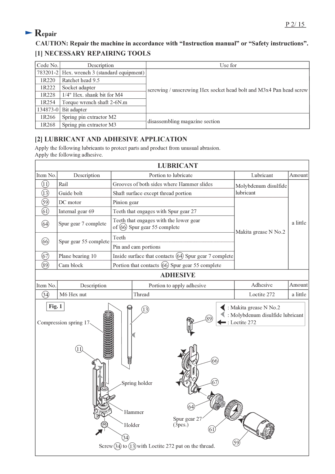 Makita BPT351 specifications Necessary Repairing Tools 