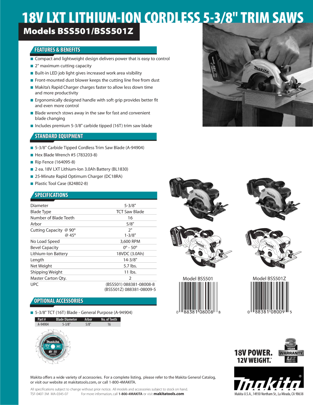 Makita BSS501Z manual Features & Benefits, Standard Equipment, Specifications, Optional Accessories 