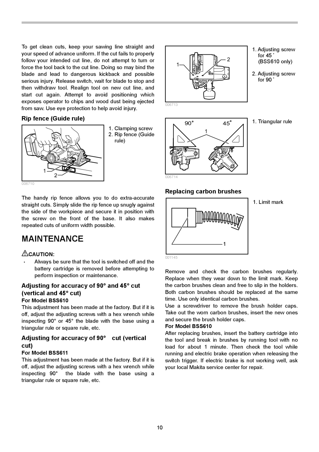 Makita BSS611 Maintenance, Rip fence Guide rule, Replacing carbon brushes, Adjusting for accuracy of 90 cut vertical cut 