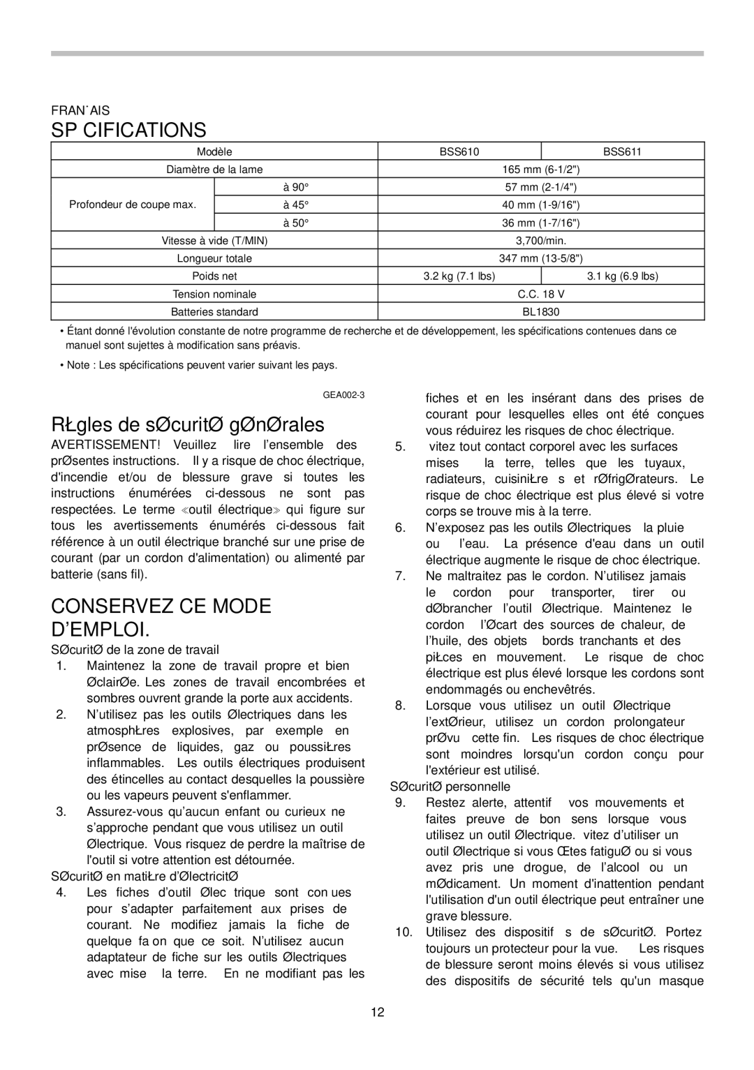 Makita BSS611 instruction manual Spécifications, Conservez CE Mode Demploi 