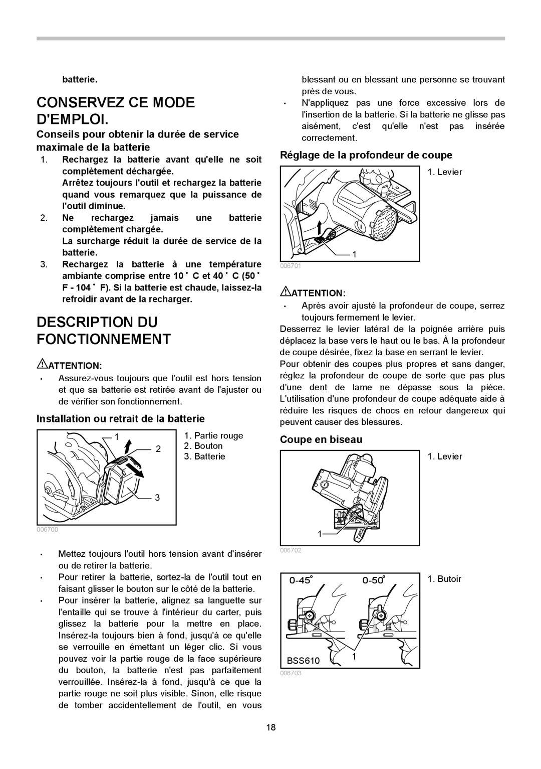 Makita BSS611 Description DU Fonctionnement, Installation ou retrait de la batterie, Réglage de la profondeur de coupe 