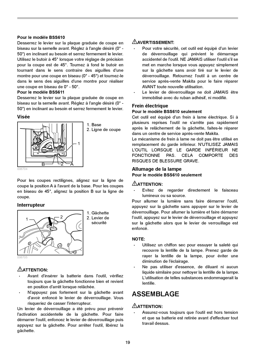 Makita BSS611 instruction manual Assemblage, Visée, Interrupteur, Frein électrique, Allumage de la lampe 