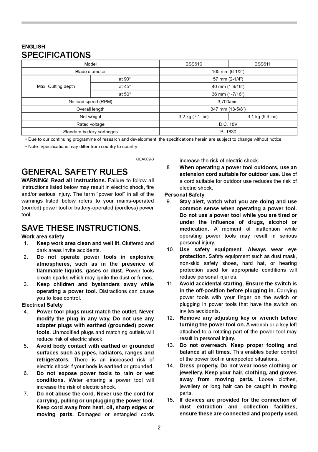 Makita BSS611 instruction manual Specifications, General Safety Rules 