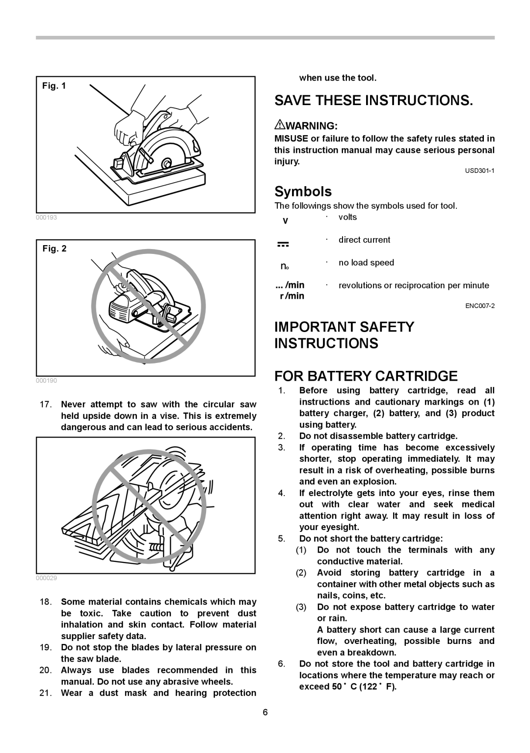 Makita BSS611 instruction manual Symbols, Important Safety Instructions For Battery Cartridge 