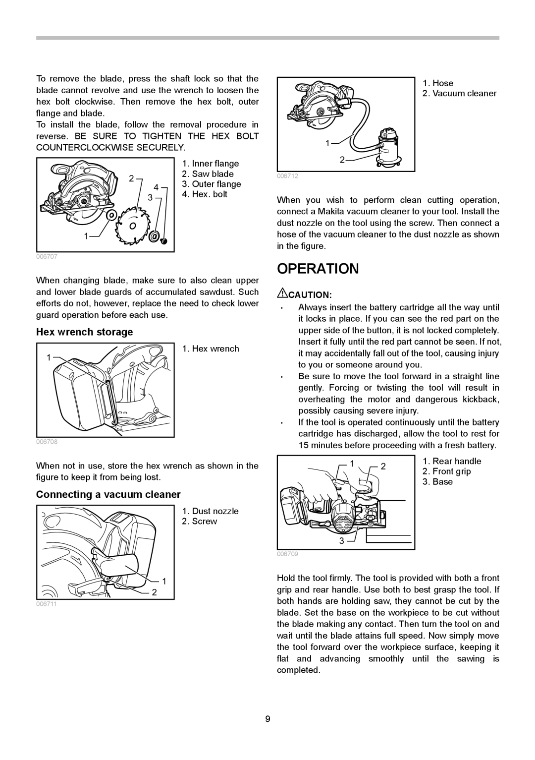 Makita BSS611 instruction manual Operation, Hex wrench storage, Connecting a vacuum cleaner 