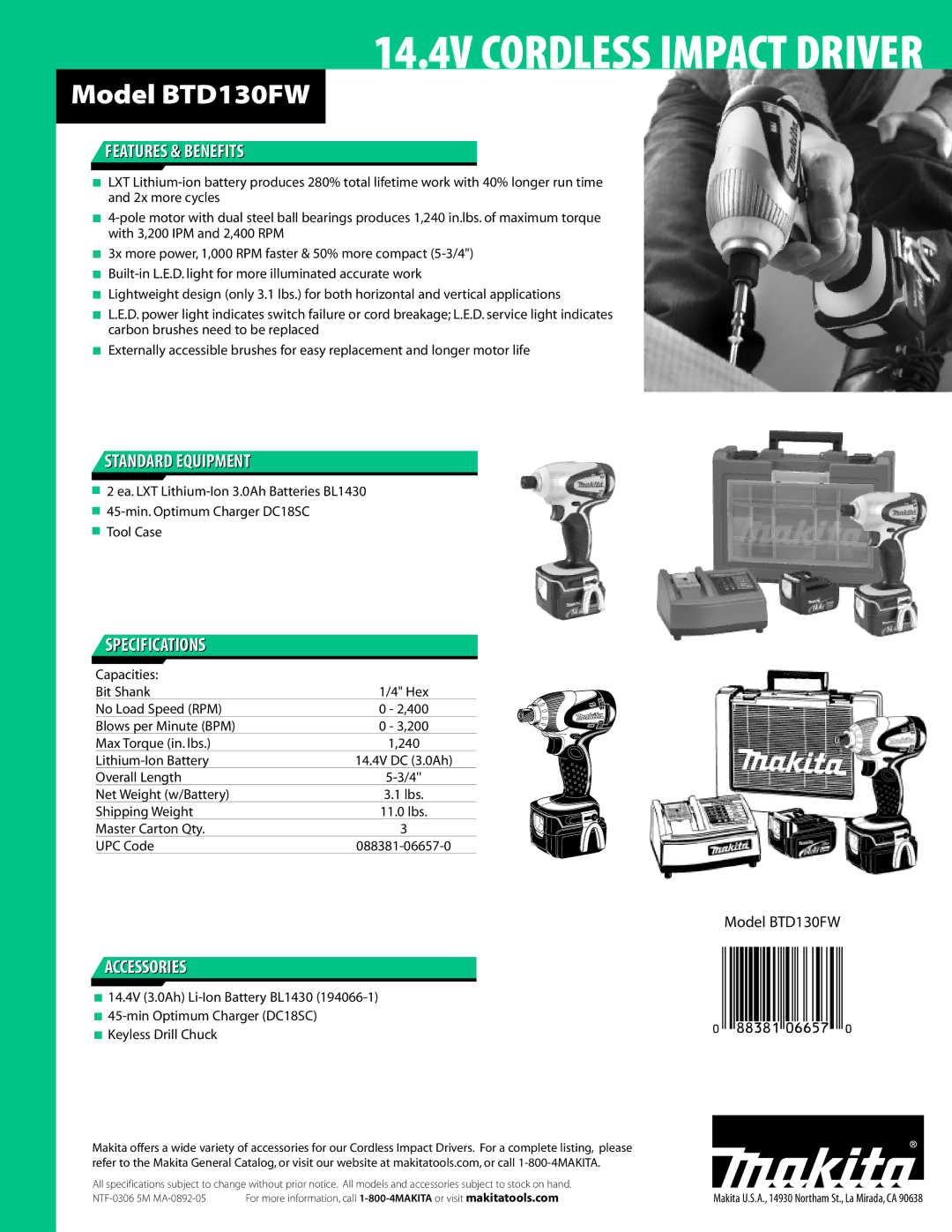 Makita BTD130FW manual Features & Benefits, Standard Equipment, Specifications, Accessories 