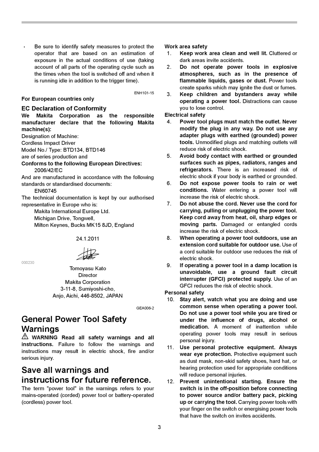 Makita BTD146, BTD134 instruction manual EC Declaration of Conformity, You to lose control 