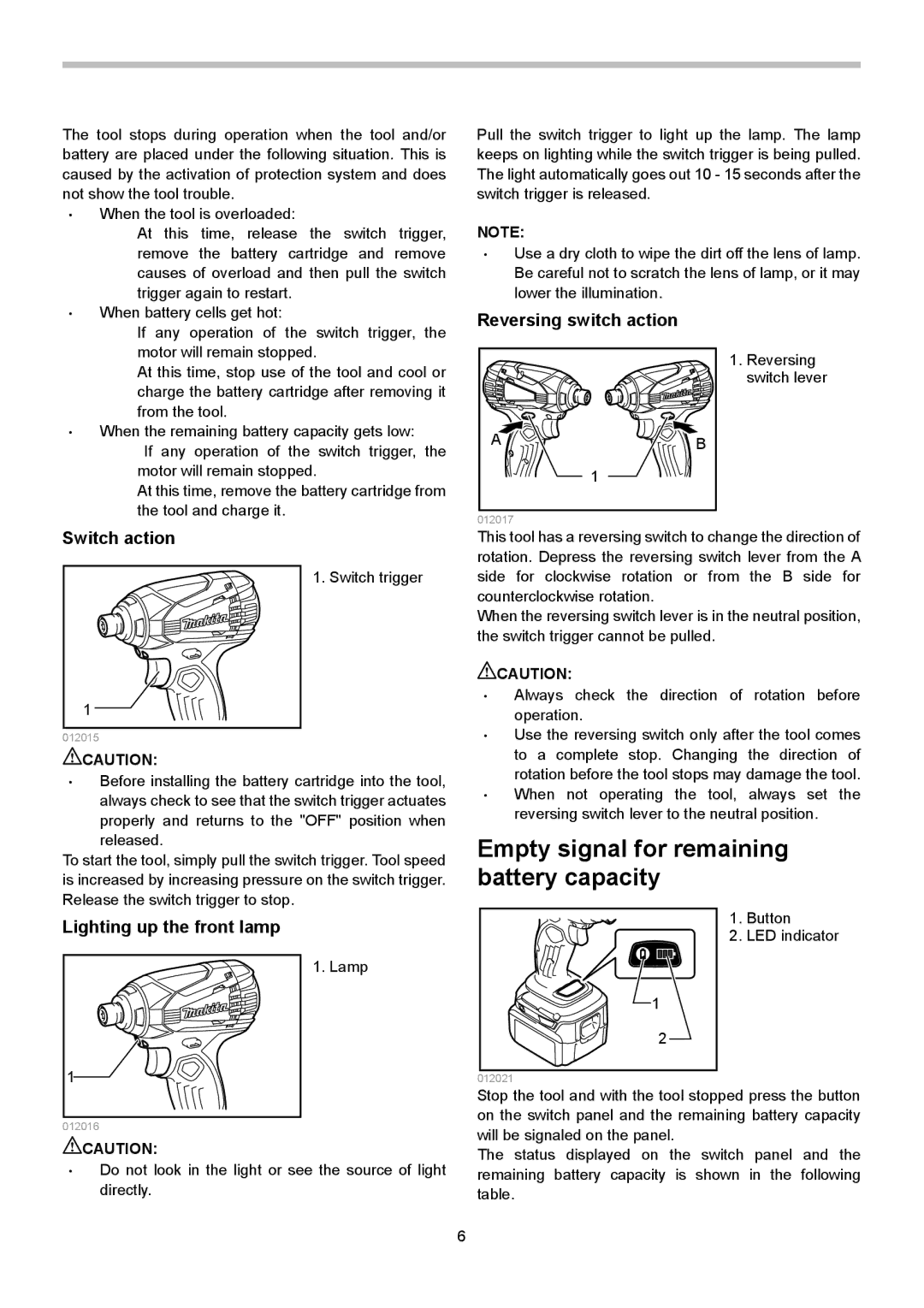 Makita BTD134, BTD146 instruction manual Switch action, Reversing switch action, Lighting up the front lamp 