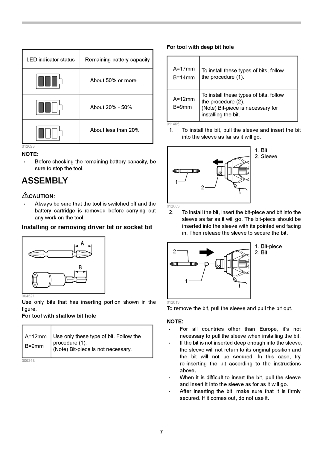 Makita BTD146, BTD134 instruction manual Assembly, Installing or removing driver bit or socket bit 