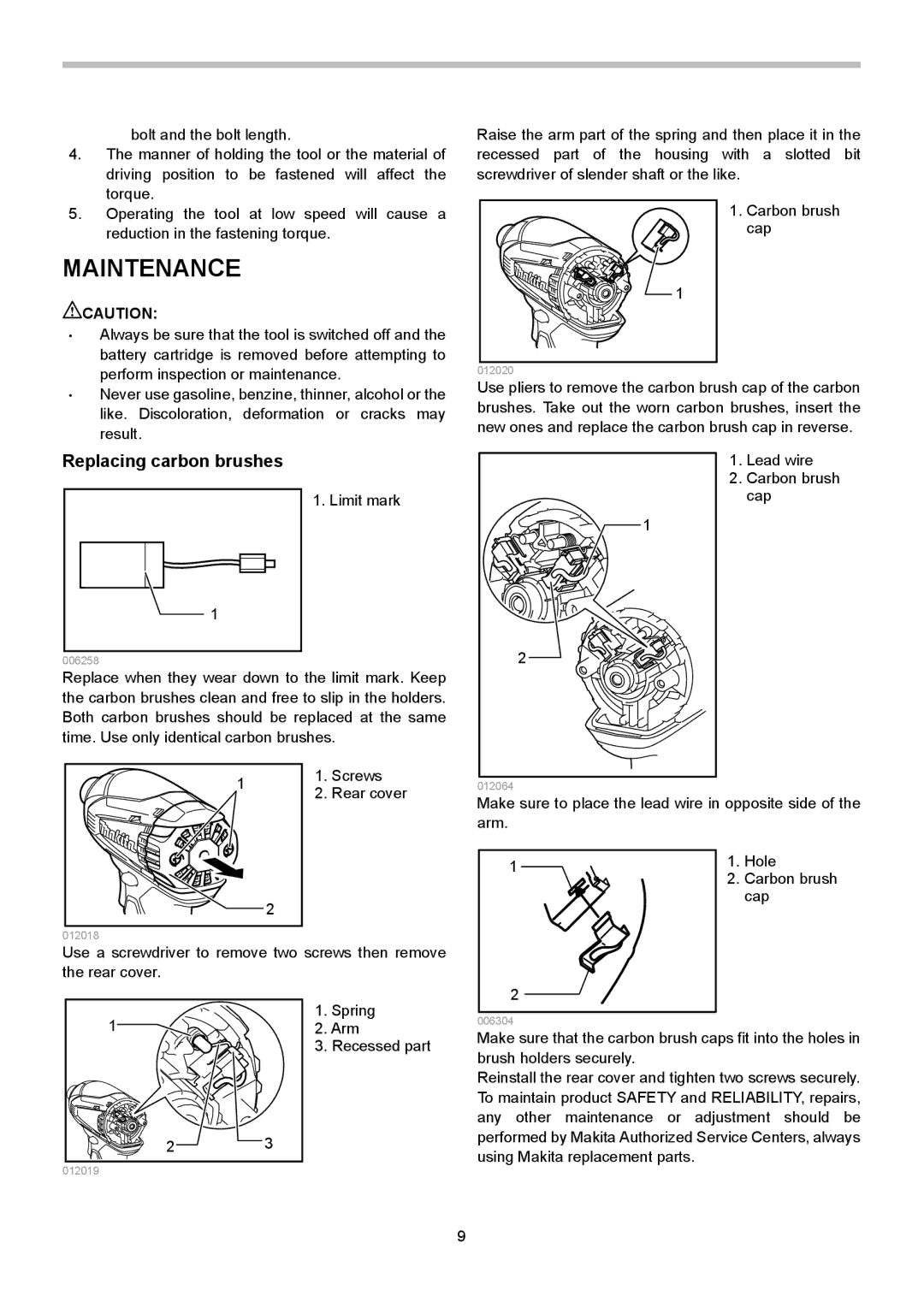 Makita BTD146, BTD134 instruction manual Maintenance, Replacing carbon brushes 