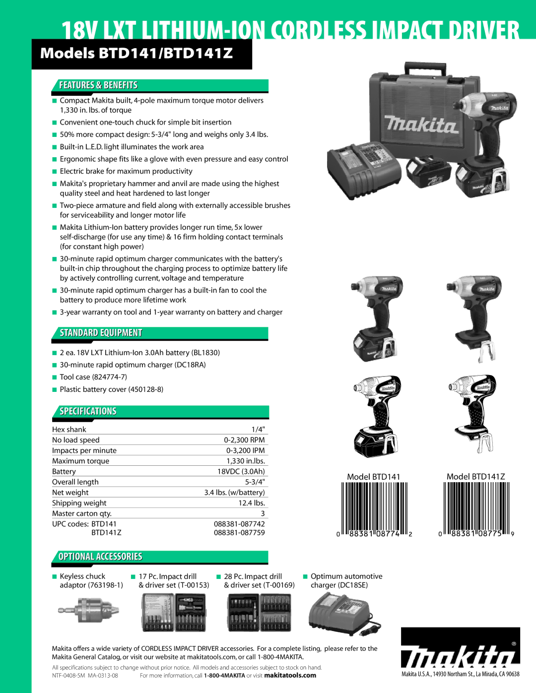 Makita BTD141Z manual Features & Benefits, Standard Equipment, Specifications, Optional Accessories 