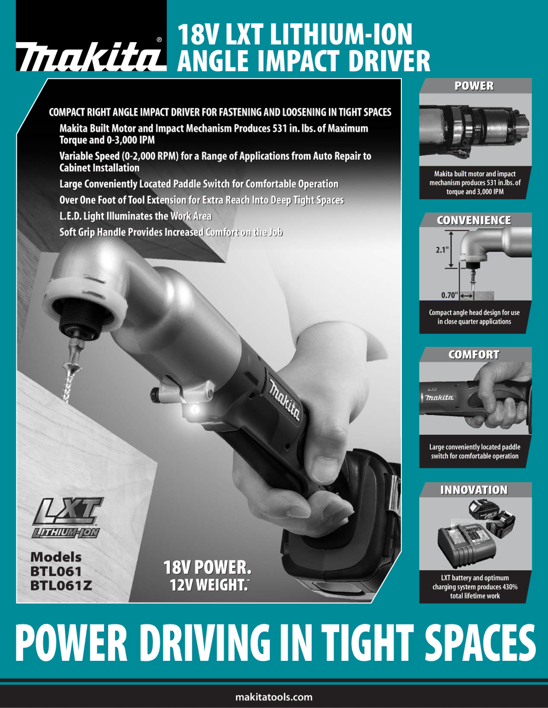 Makita BTL061Z manual Power Driving in Tight Spaces 