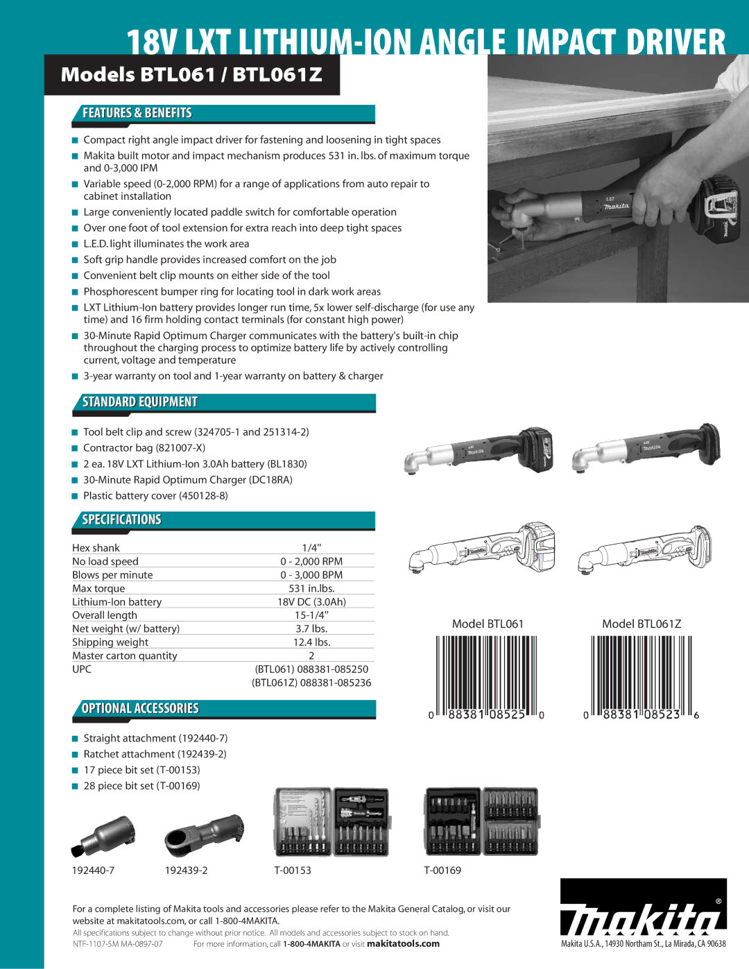 Makita BTL061Z manual Features & Benefits, Standard Equipment, Specifications, Optional Accessories 