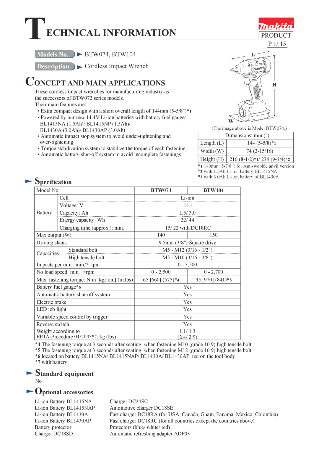 Makita dimensions BTW074, BTW104, Specification, Standard equipment Optional accessories 