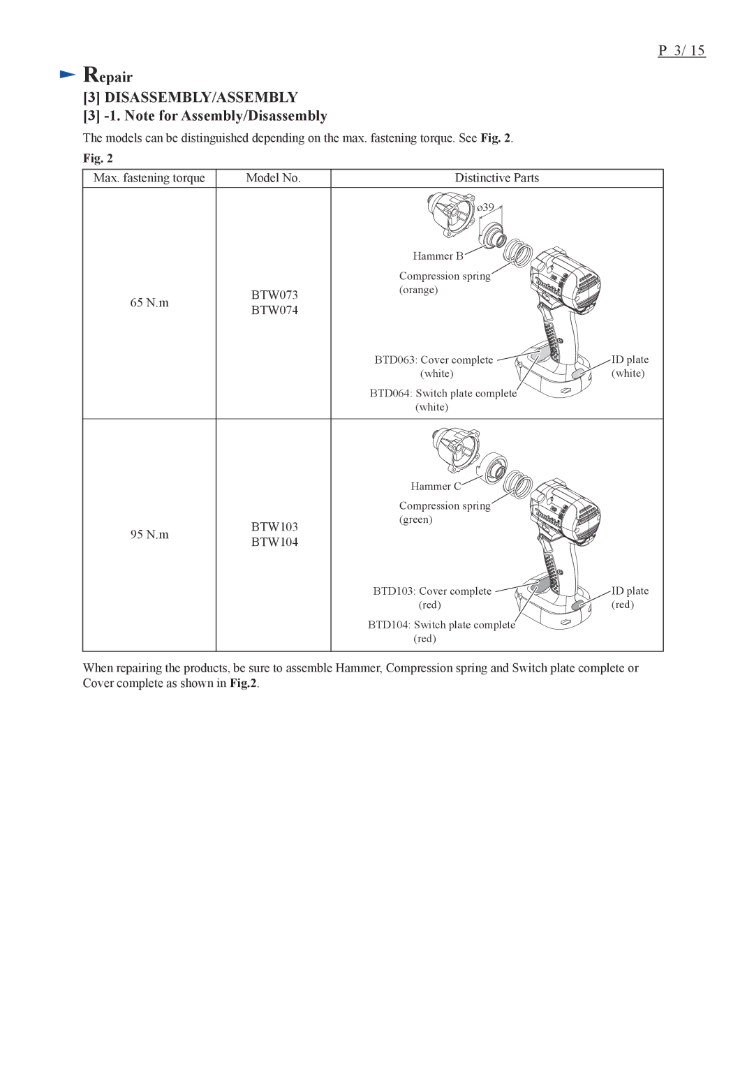 Makita BTW074, BTW104 dimensions Disassembly/Assembly 