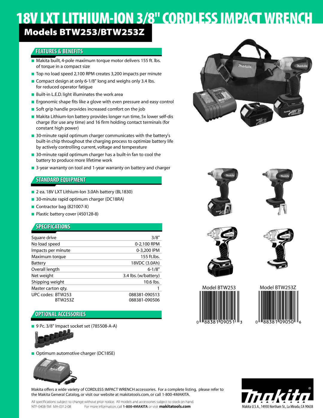 Makita BTW253Z manual Features & Benefits, Standard Equipment, Specifications, Optional Accessories 