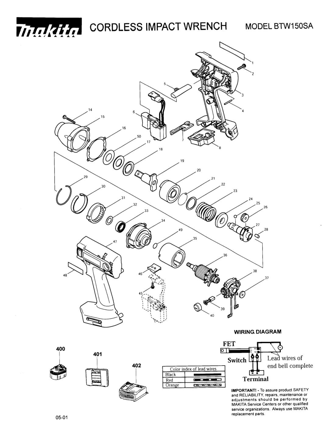 Makita manual Cordless Impact Wrench Model BTWI50SA, Terminal, Wiring.Diagram, 400 401 402 