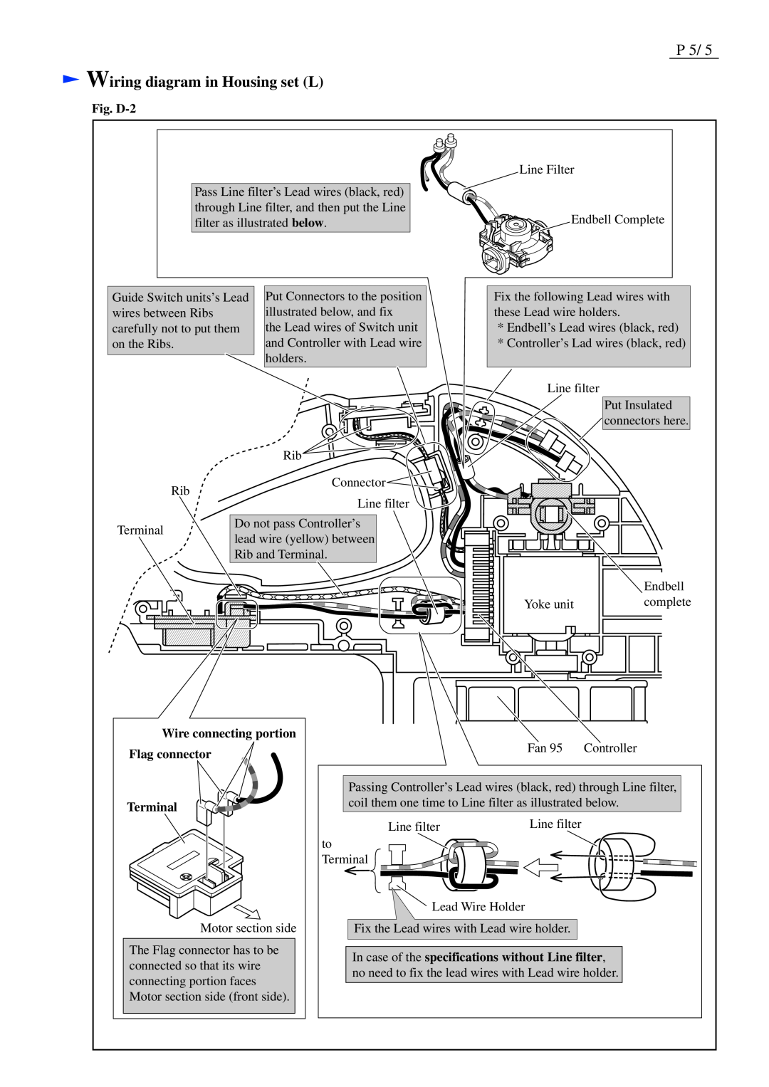 Makita BUB360 specifications Wiring diagram in Housing set L, Fig. D-2, Wire connecting portion Flag connector Terminal 